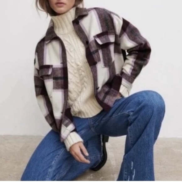Zara Jackets & Blazers - Zara Women's Purple Check Plaid Wool-Blend Overshirt Shacket Size Large‎